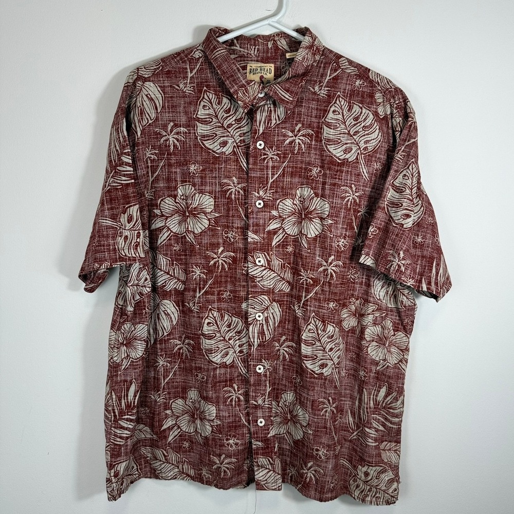 RedHead Mens 2XL Red Tropical Hibiscus Palm Slub Cotton Button Up Shirt 602RHS23